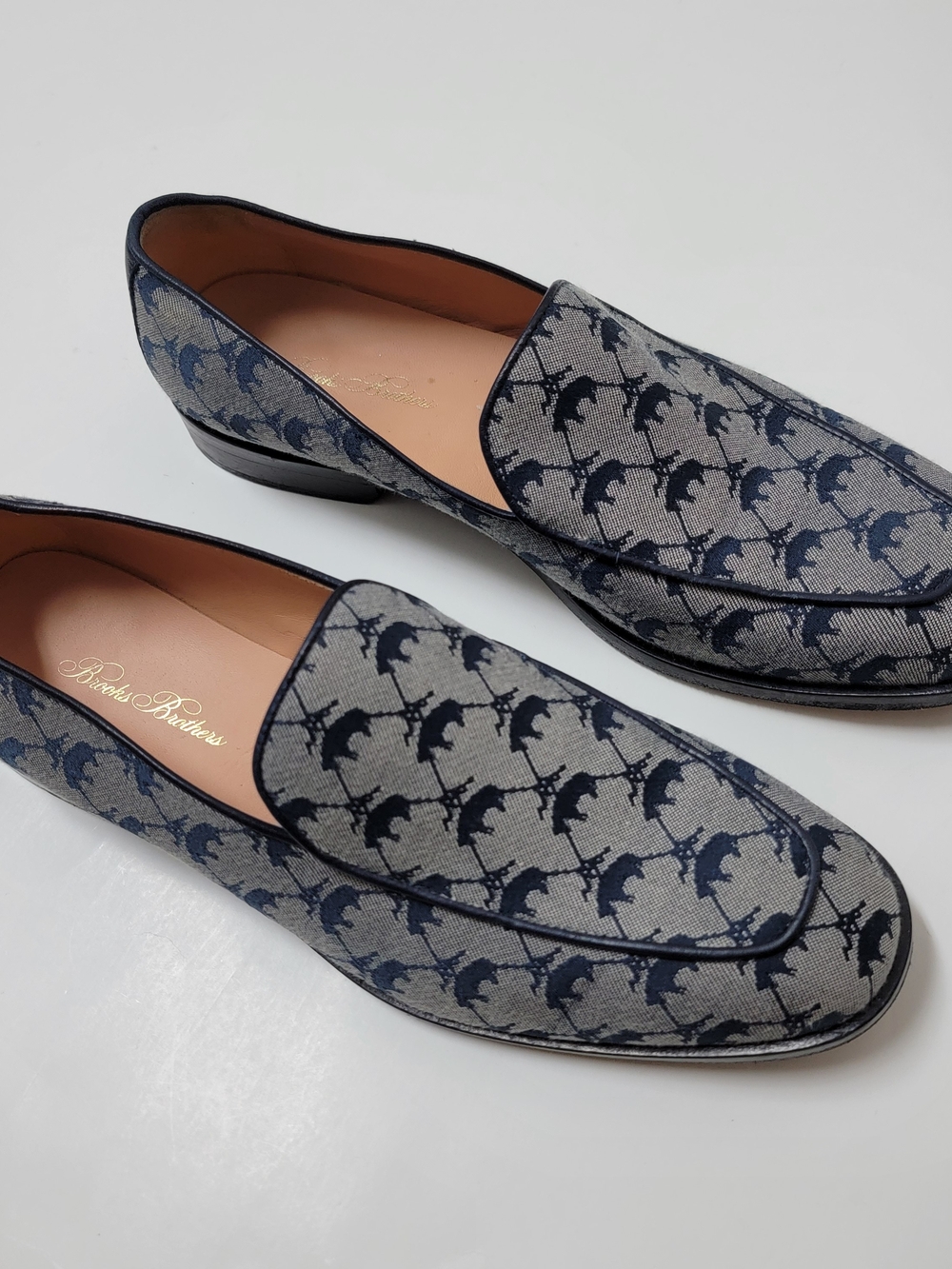 Brooks Brothers Womens Navy Leather Trimmed Logo Jacquard Loafer Dress Shoes 8